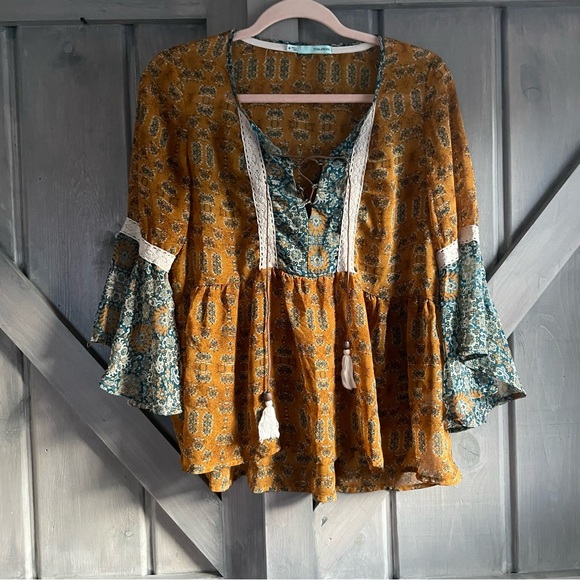 Maurice’s‎ Paisley Boho Tassle Front Blouse Blue mustard fall autumn bell sleeve - Picture 1 of 7